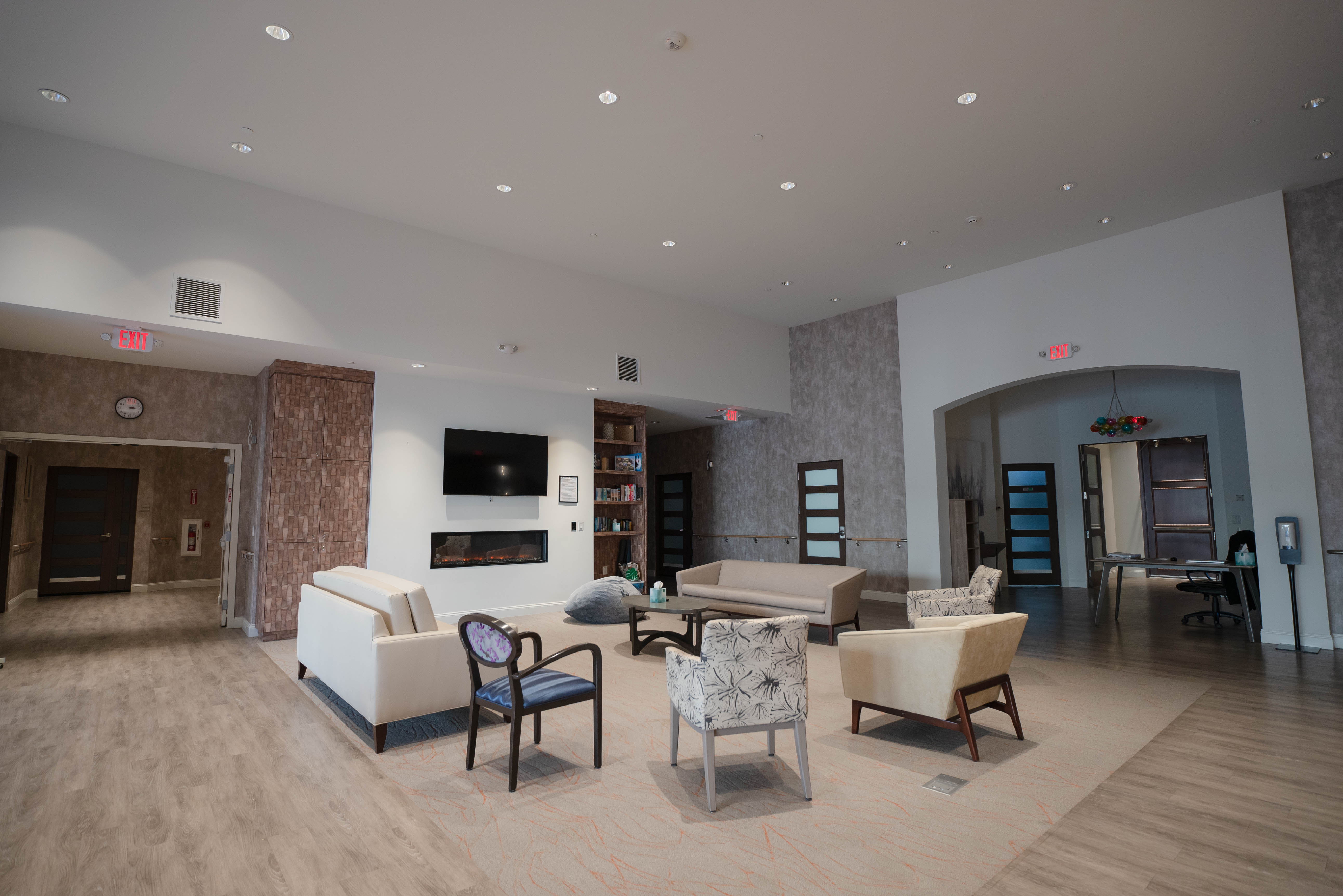 Spacious lounge with fireplace at Virtue Recovery Las Vegas